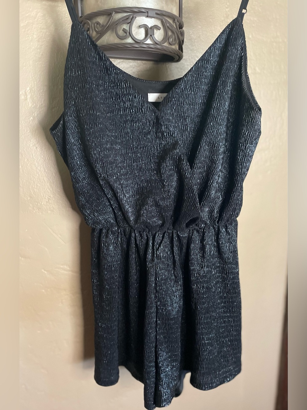 Lush Black Metallic Romper V neck Adj Spaghetti straps Medium